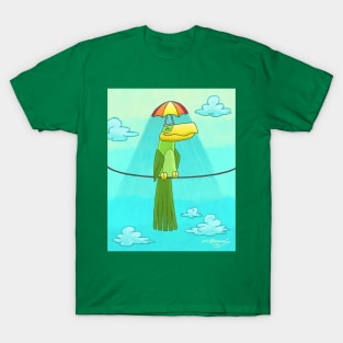 Umbrella Hat Bird Lounging on a Wire T-Shirt